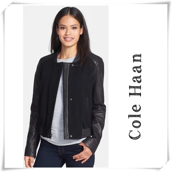 COLE HAAN Leather & Wool Bomber Jacket Black - Picture 1 of 8